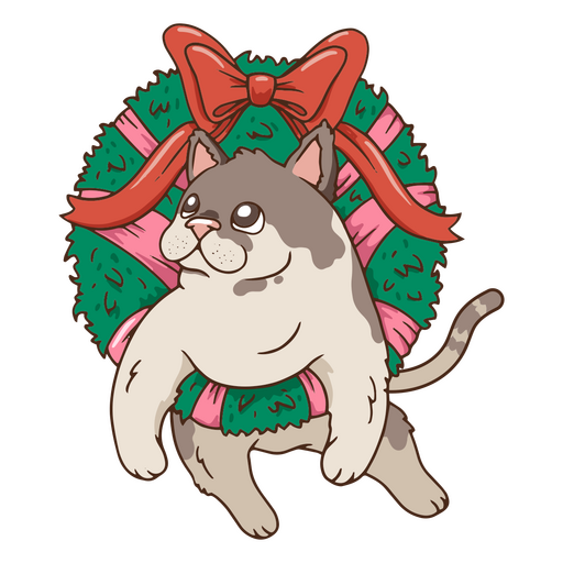 Adorable gato en una festiva corona navideña Diseño PNG