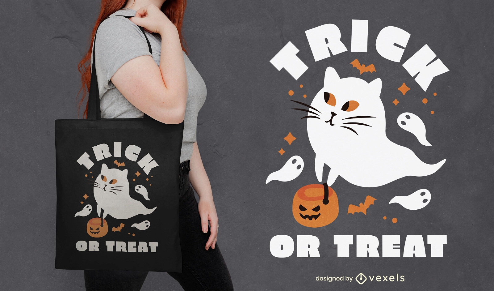 Ghost cat trick or treat tote bag design
