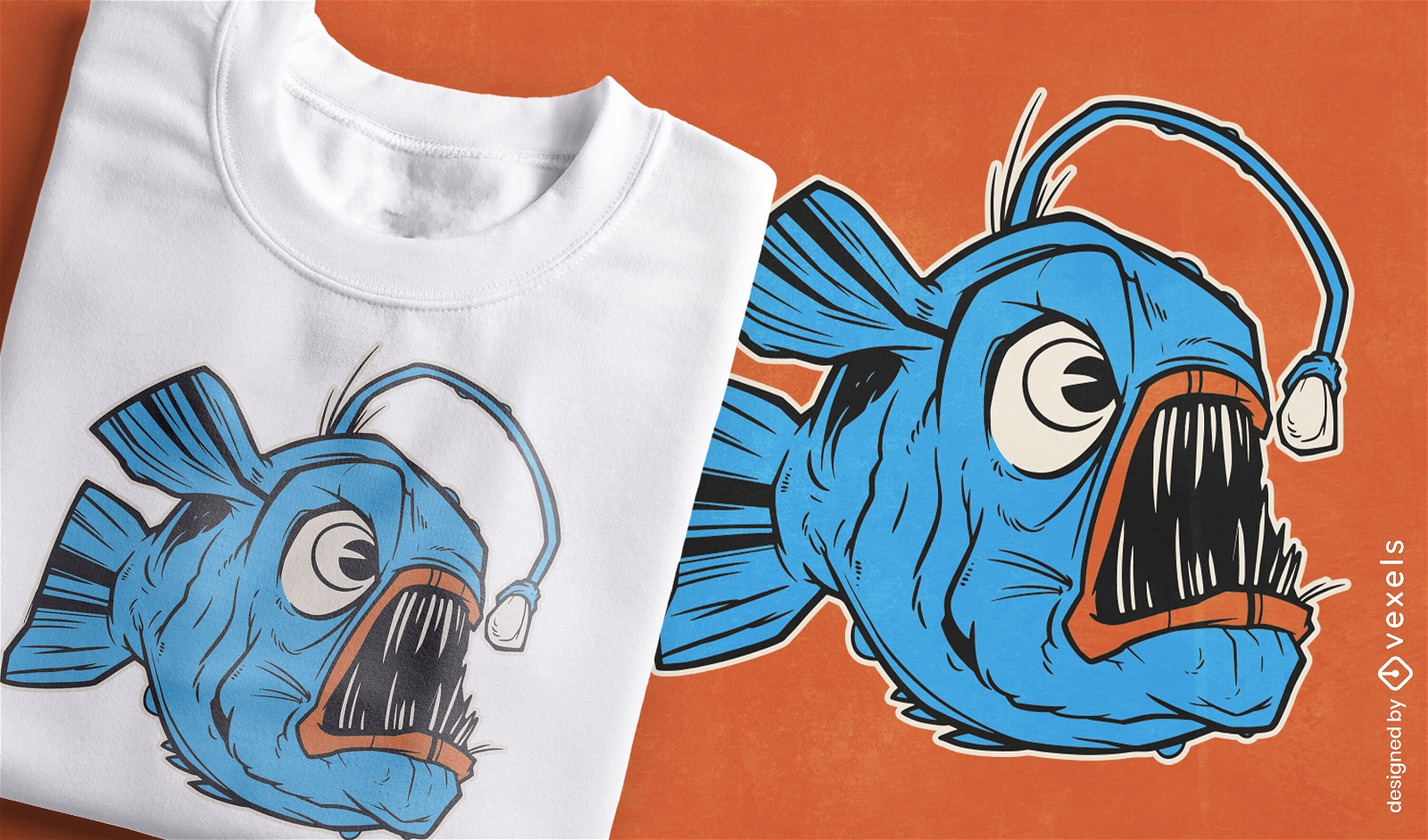 Design de camiseta de desenho animado de peixe assustador