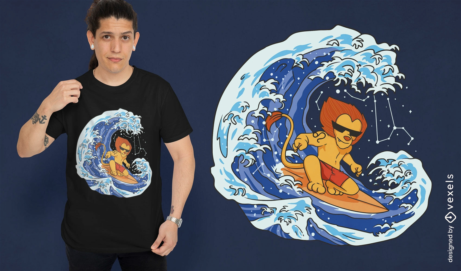 Diseño de camiseta de ola de surf de animales de león