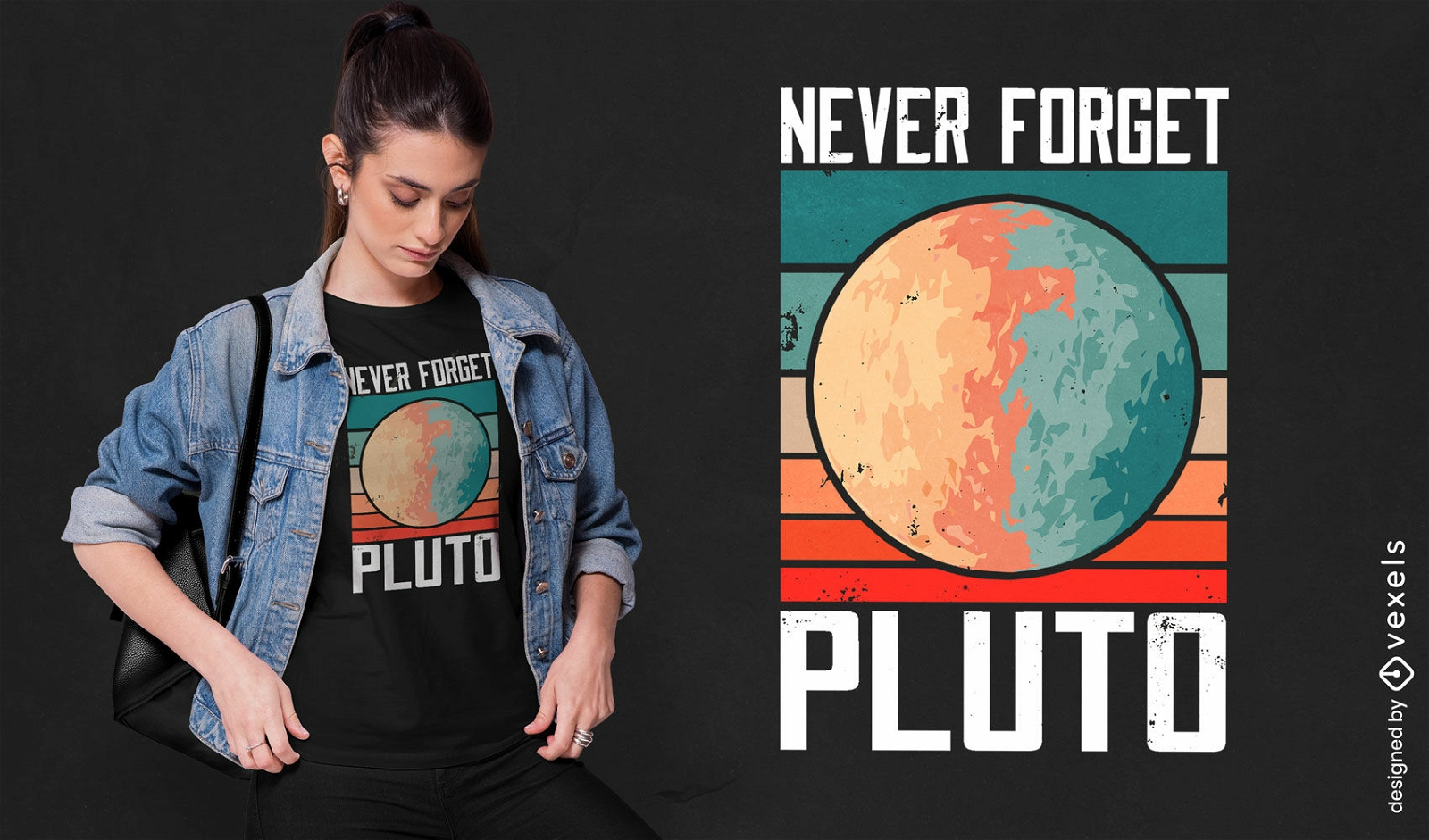 Diseño retro de camiseta de planeta plutón al atardecer