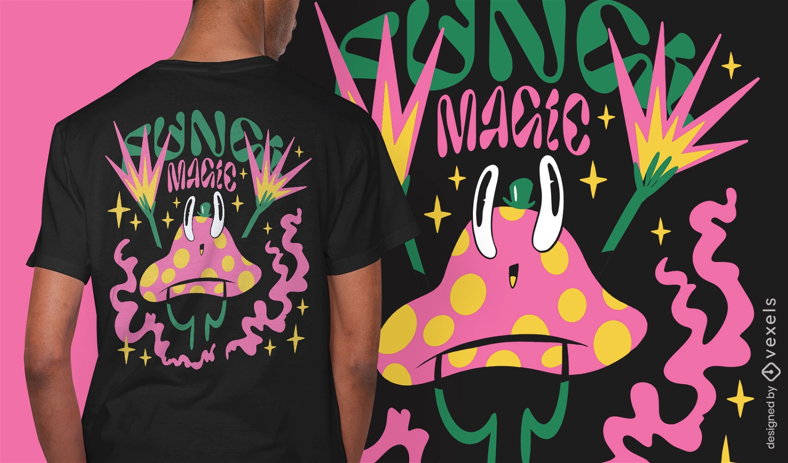 Diseño de camiseta de dibujos animados de hongos mágicos