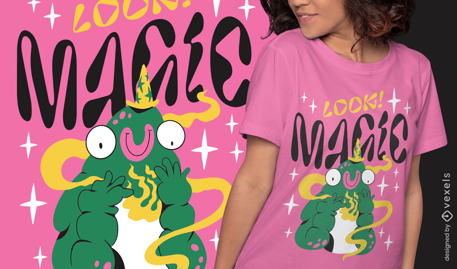 Design de camiseta de desenho animado de criatura mágica