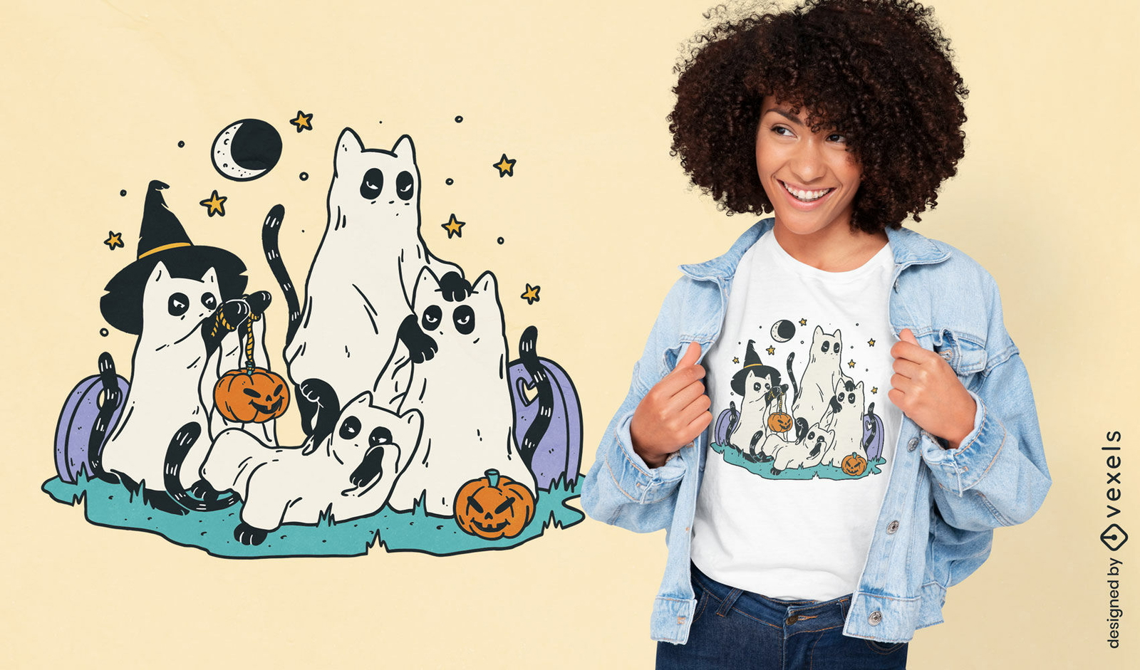 Diseño de camiseta de gatos fantasmas espeluznantes para Halloween