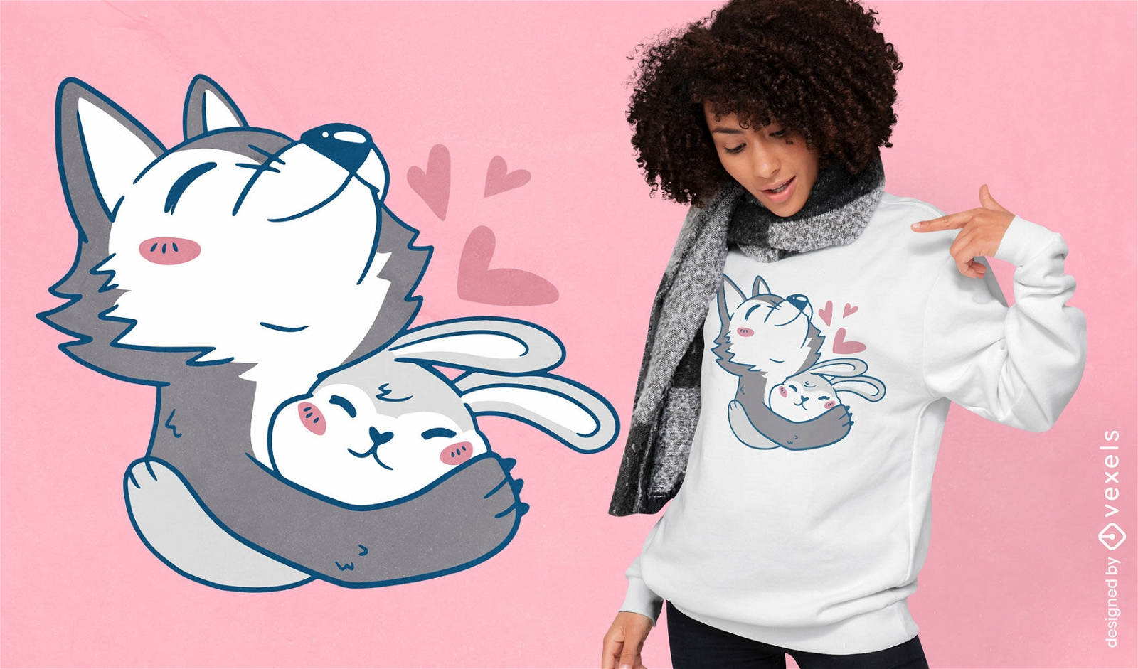 Diseño de camiseta amorosa de lobo y conejo.