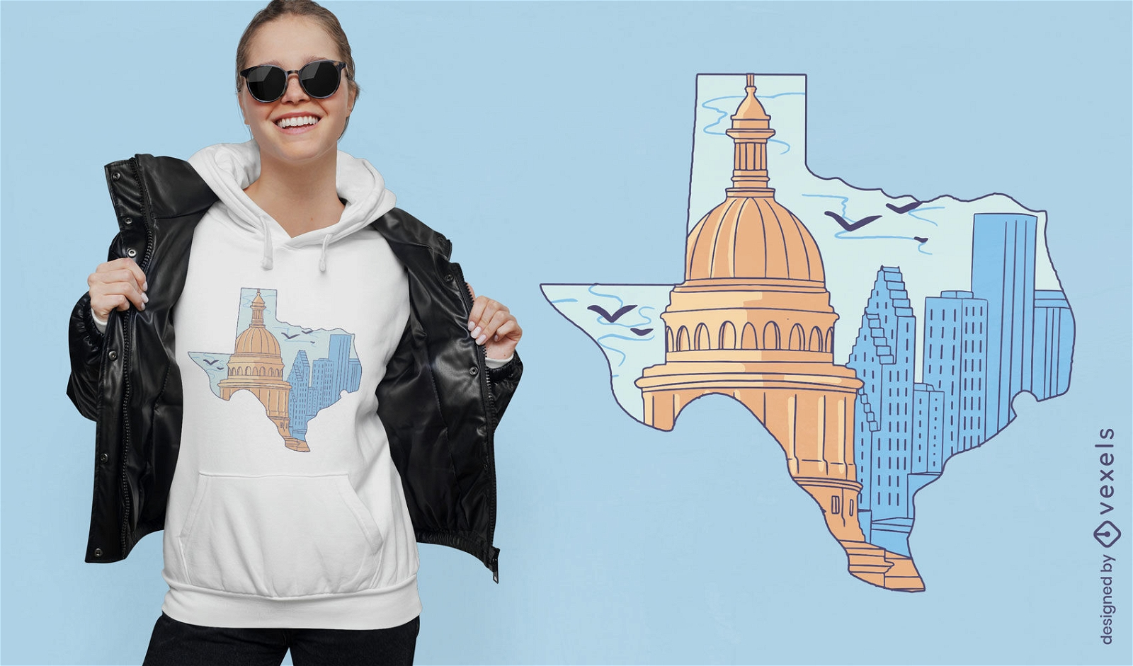 Silueta de Texas con diseño de camiseta de edificios.