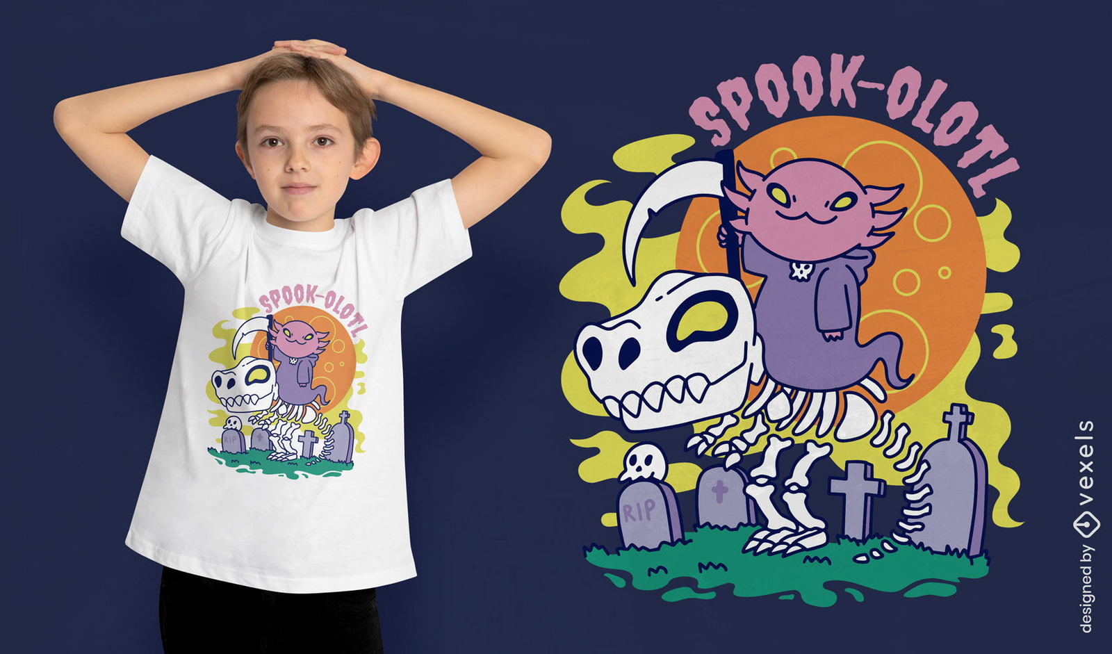 Diseño de camiseta Spooky axolotl y t-rex