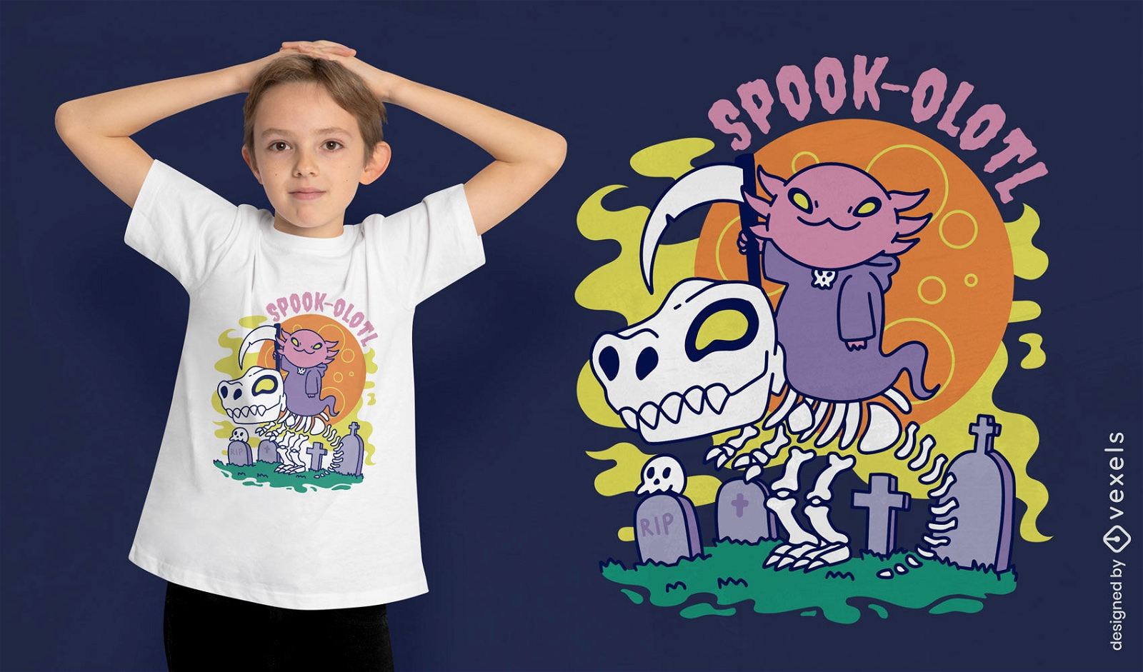 Spooky axolotl and t-rex t-shirt design
