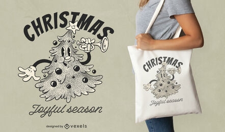 Retro cartoon christmas tree tote bag design