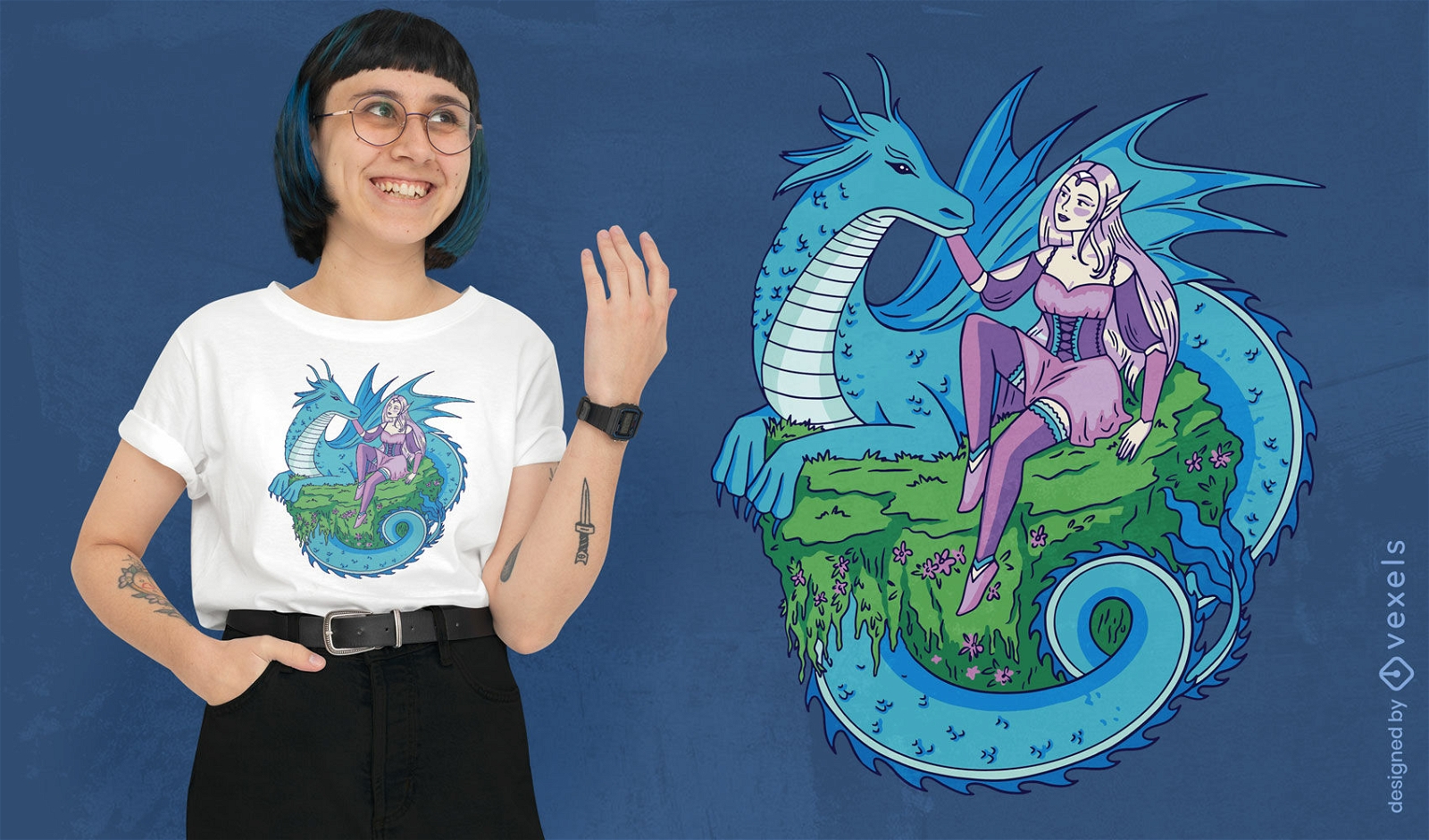 Diseño de camiseta de dragón y duende.