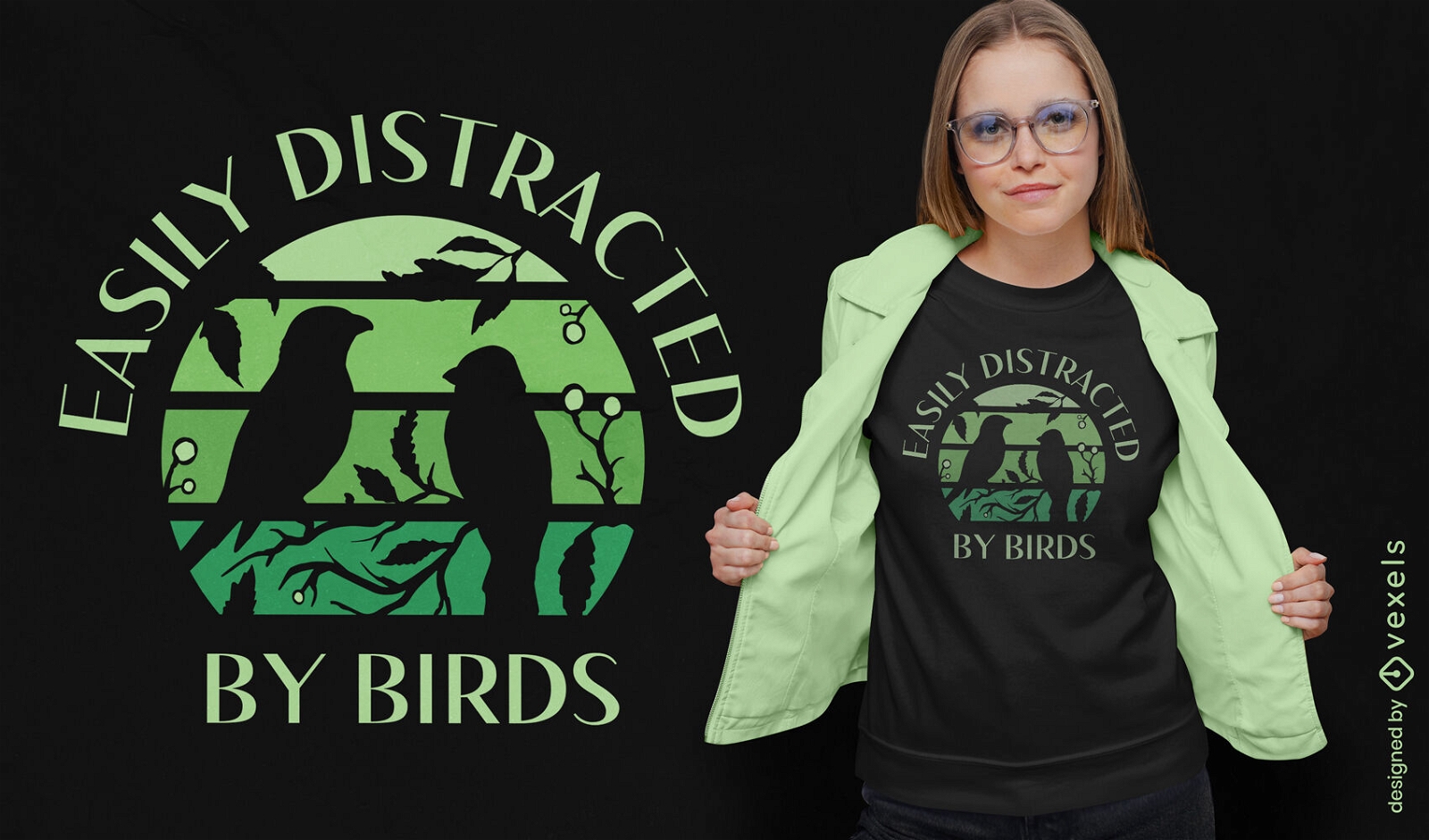 Diseño de camiseta retro de pájaros al atardecer.