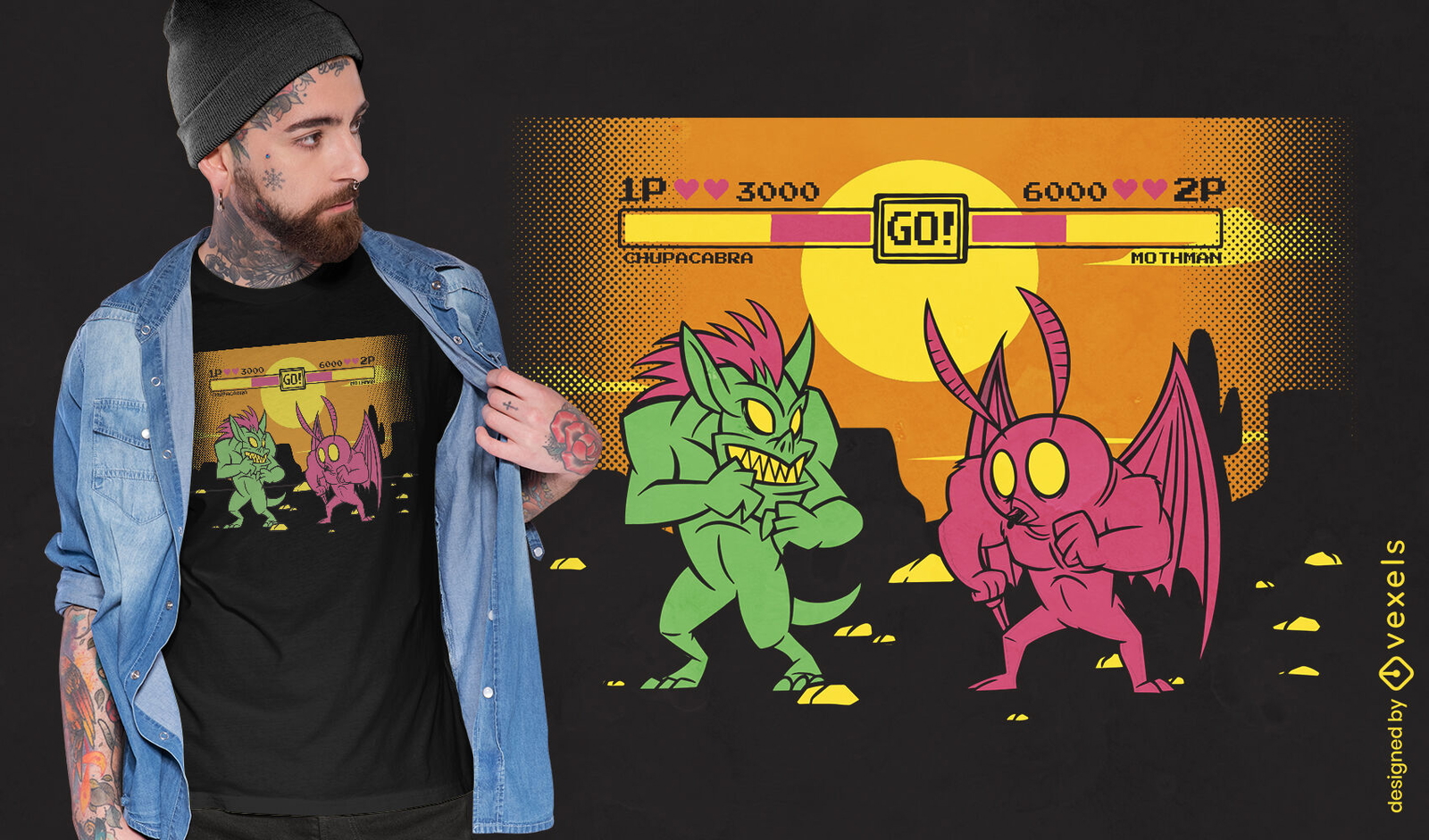 Diseño de camiseta de lucha de monstruos arcade retro