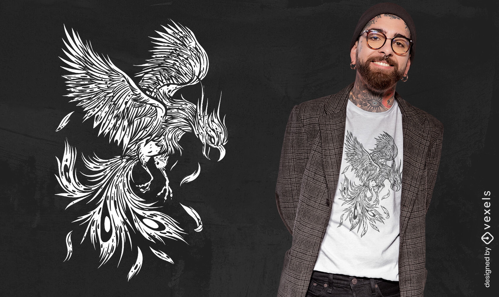 Detailed flying phoenix t-shirt design