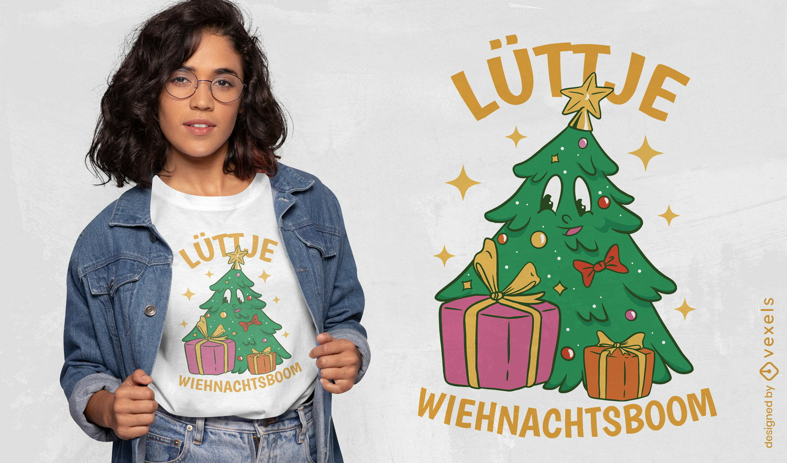 Feliz personaje de árbol de Navidad y presenta diseño de camiseta.