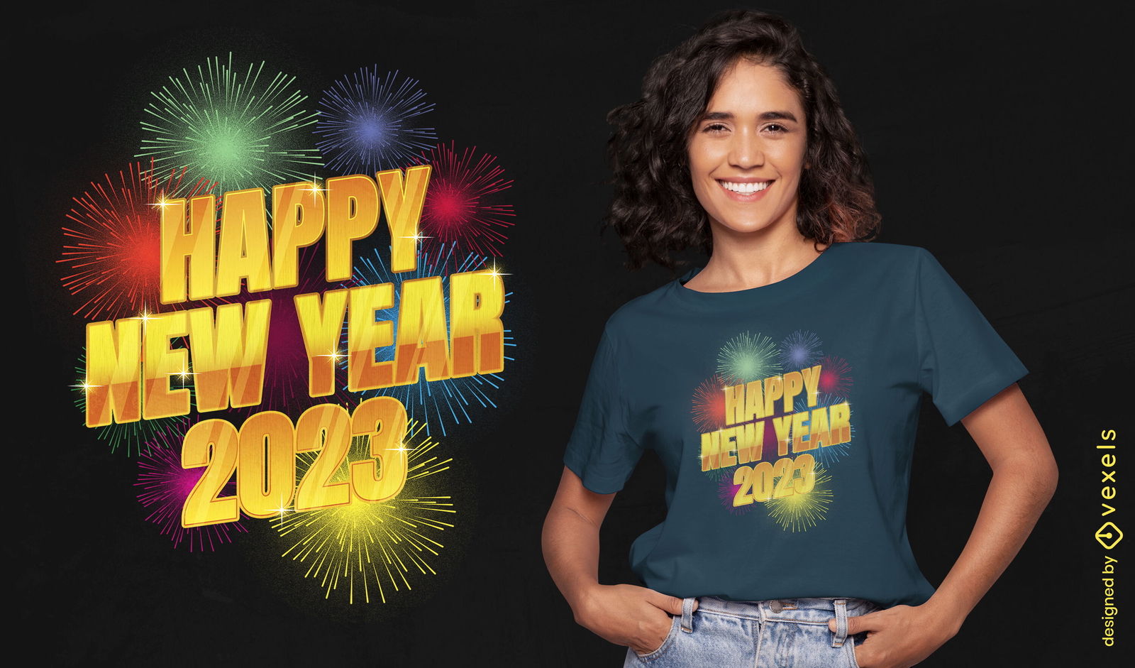 Fiesta de año nuevo con camiseta de fuegos artificiales psd