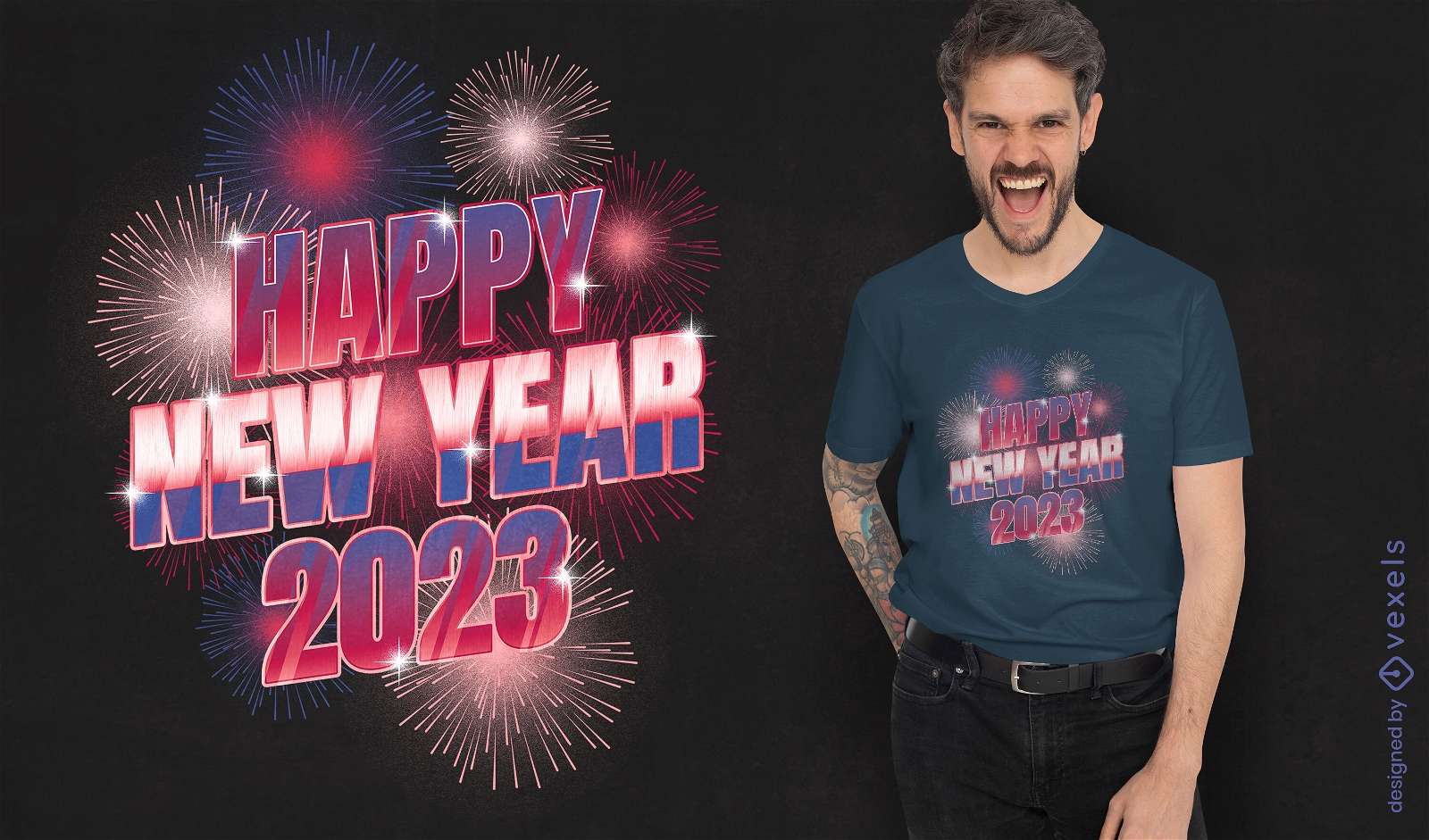 Celebra??o de ano novo com camiseta de fogos de artif?cio psd