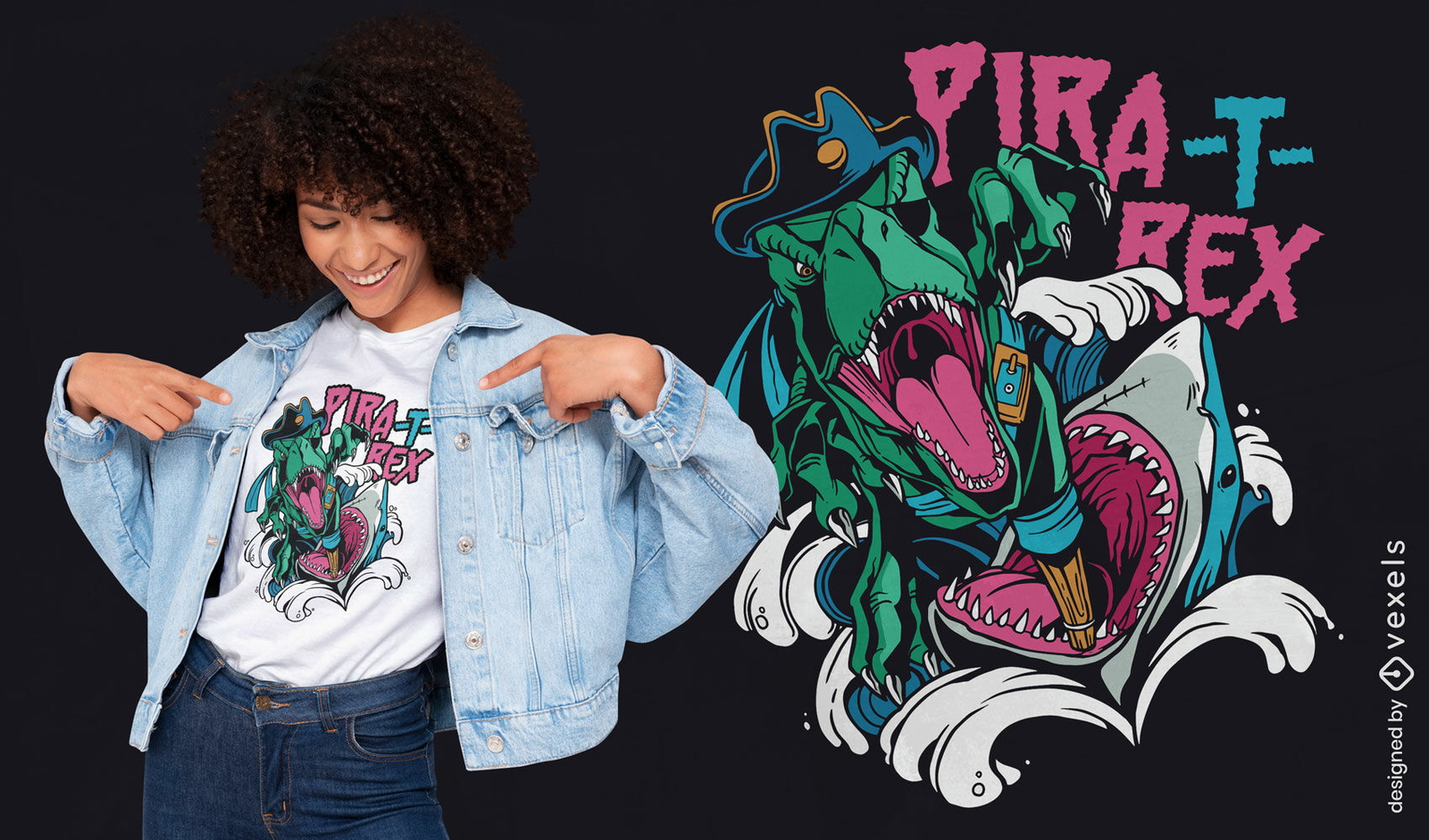 Design de camiseta de tubarão e t-rex pirata