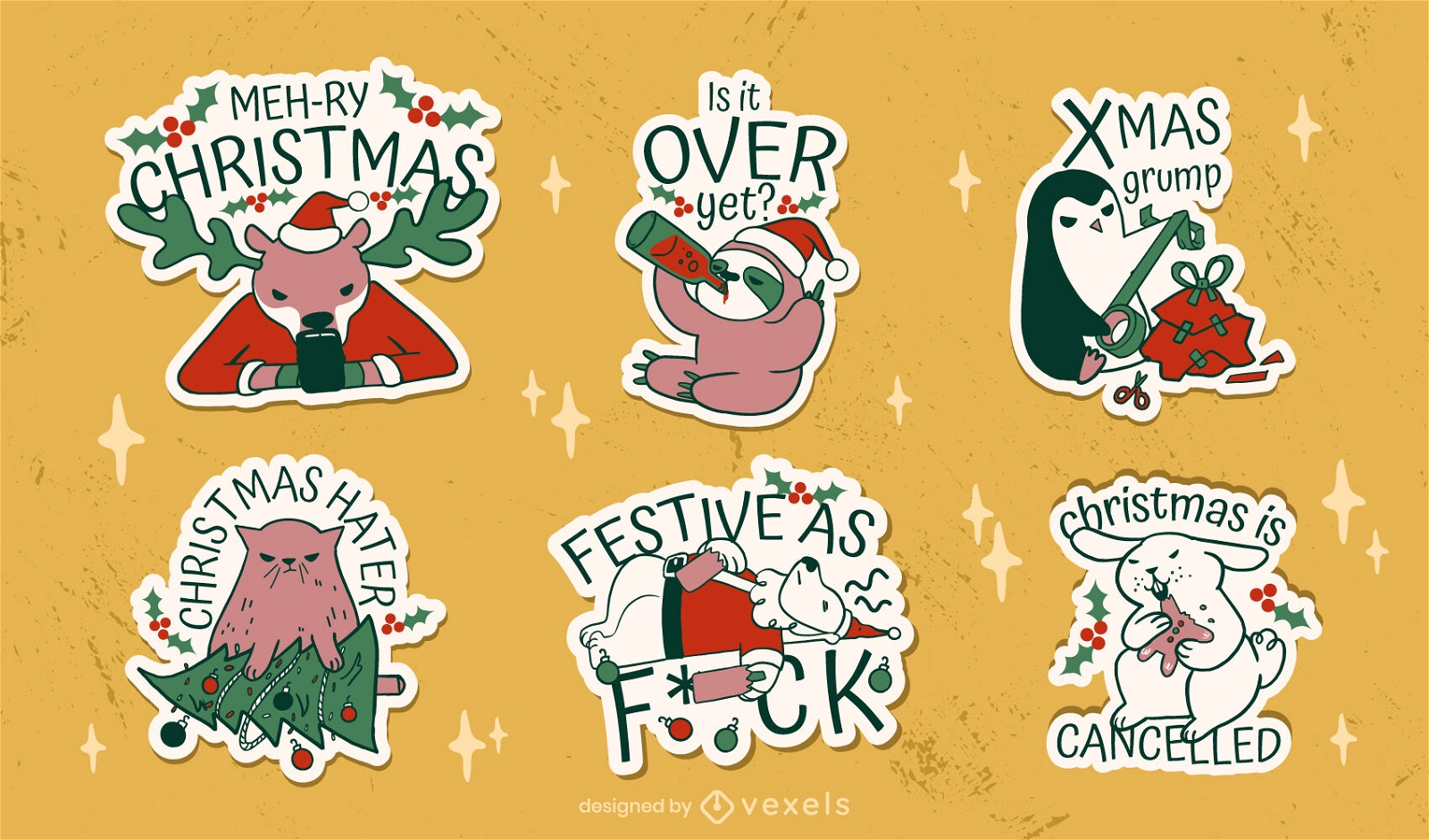 Conjunto de pegatinas de animales divertidos anti navidad
