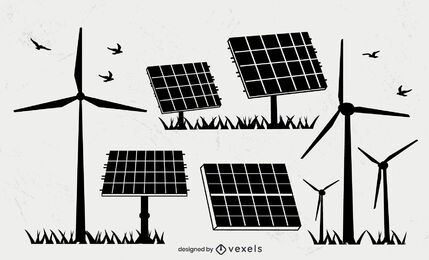 Wind turbines and solar panels silhouette set