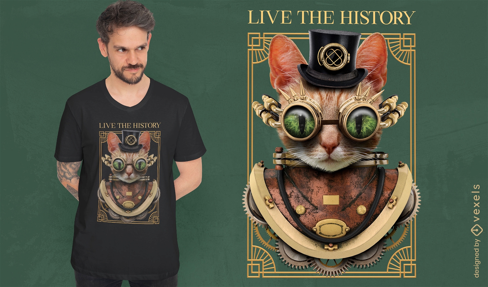 Camiseta bizarra de gato steampunk animal psd