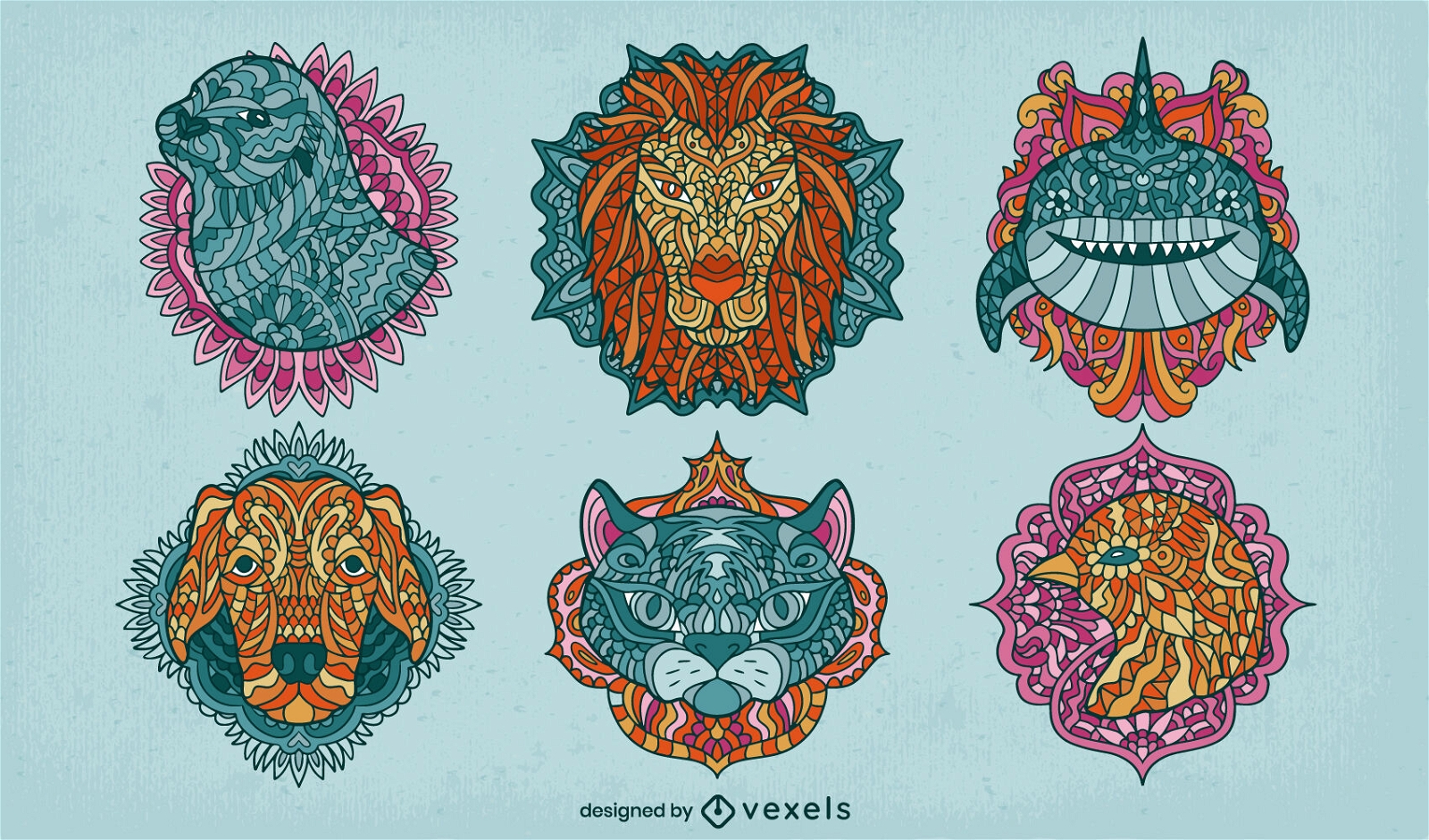 Conjunto de mosaico colorido de animales salvajes de mandala