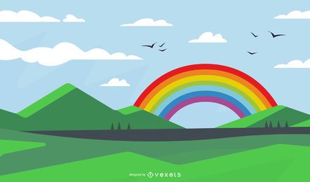 Fresh Green Landscape With Rainbow Vector Download