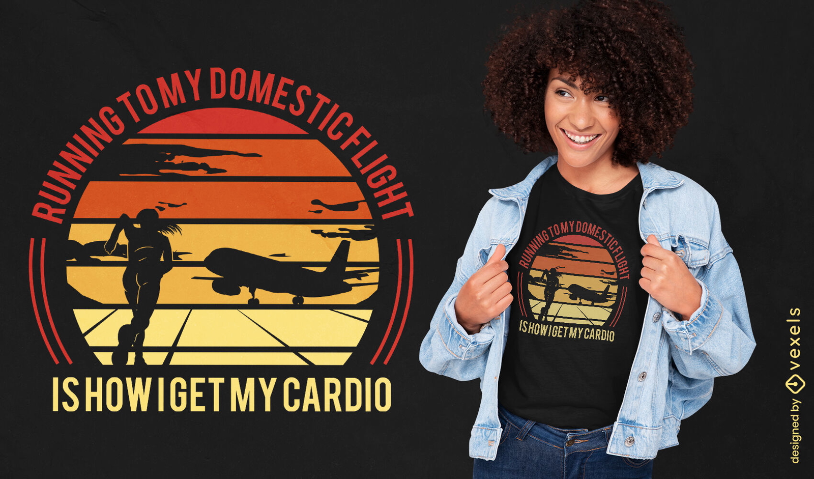 Correndo para o avião design de camiseta retrô do pôr do sol