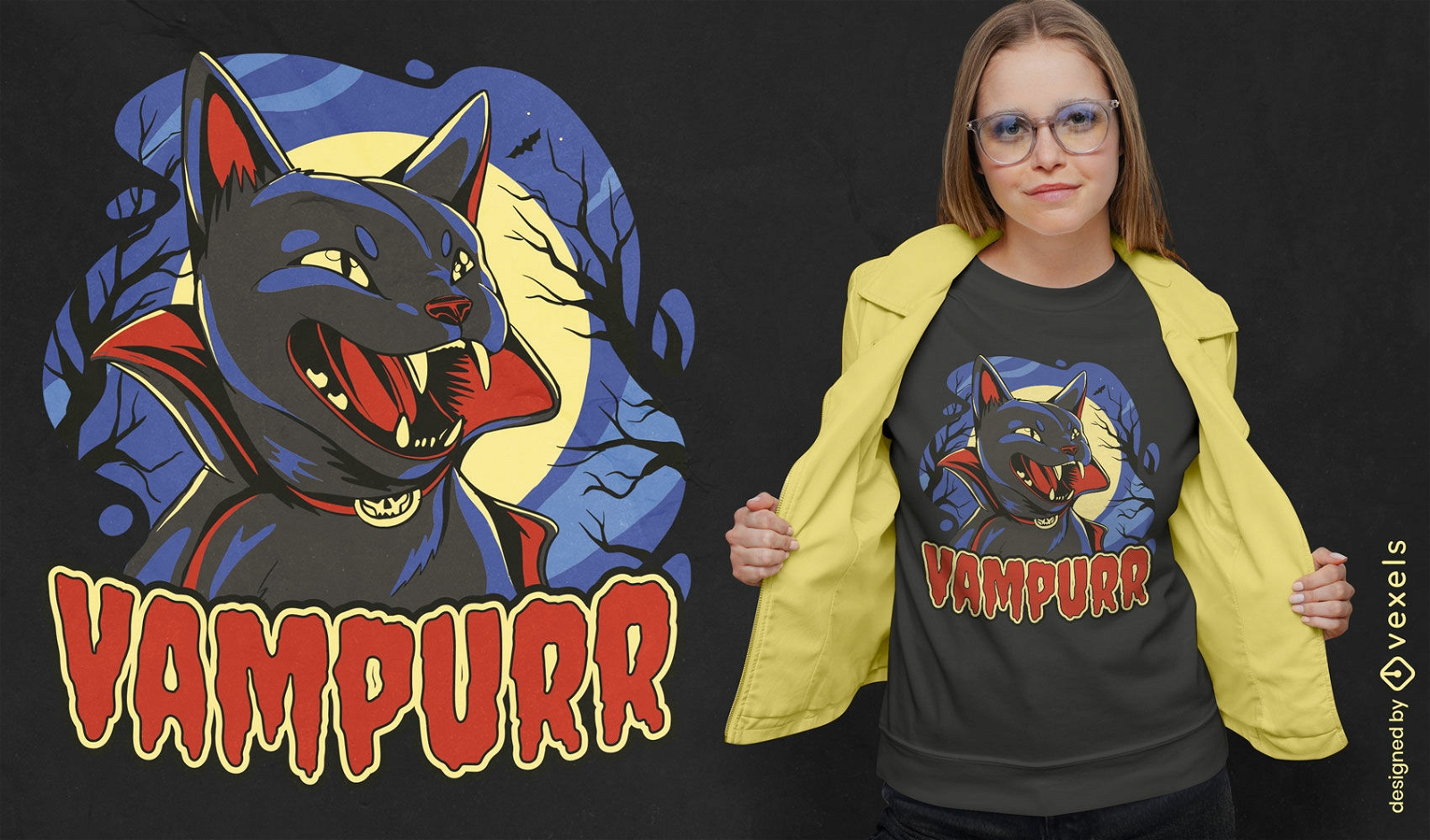 Tierisches T-Shirt-Design der schwarzen Katze des Vampirs