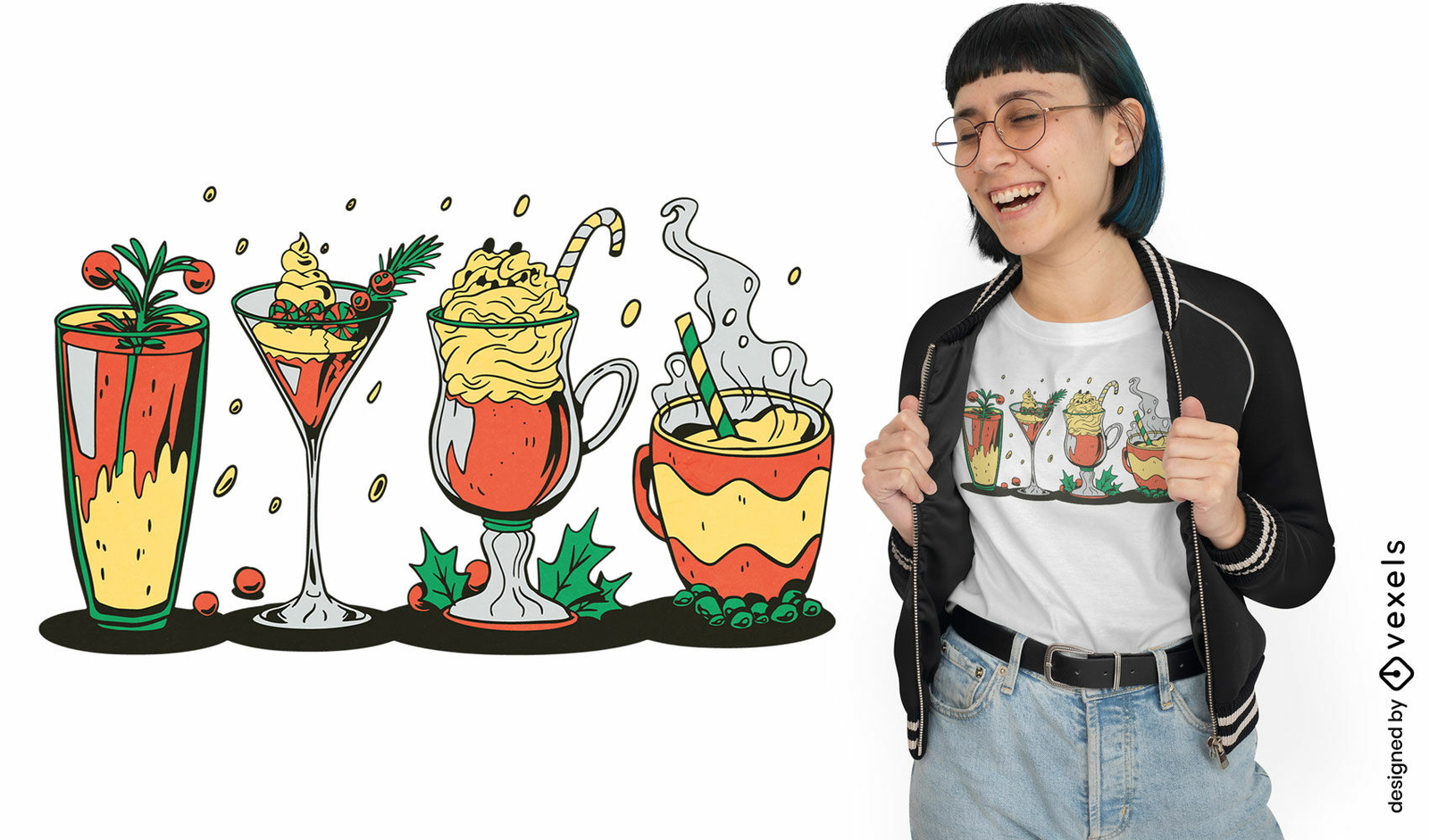 Diseño de camiseta de bebidas tropicales y cócteles.