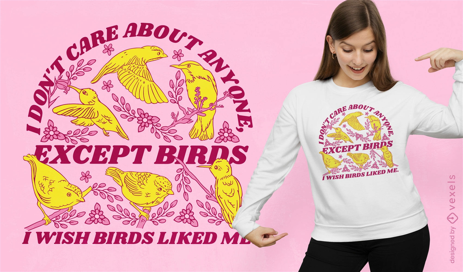 Diseño de camiseta de pájaros volando con flores.