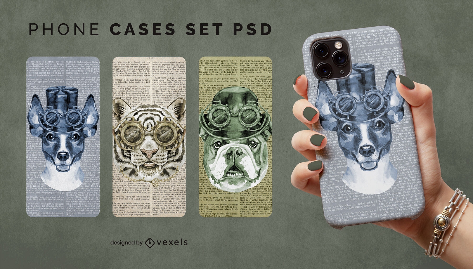 Conjunto de capas de telefone PSD de animais Steampunk