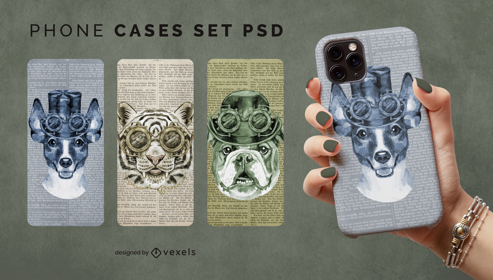 Conjunto de fundas de teléfono PSD de animales Steampunk