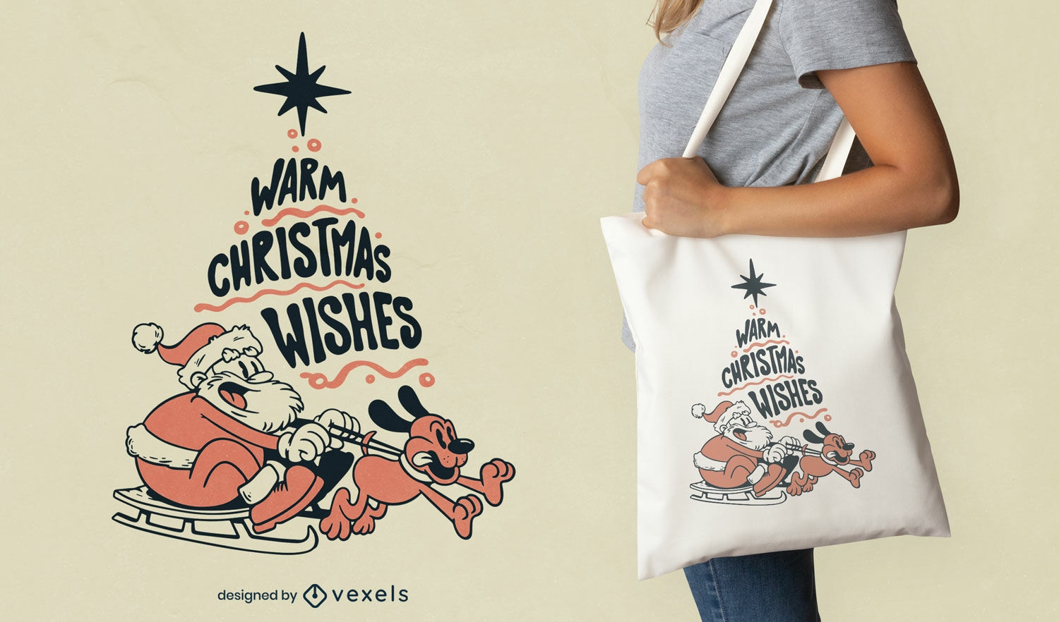 Santa claus and dog on sled christmas tote bag design