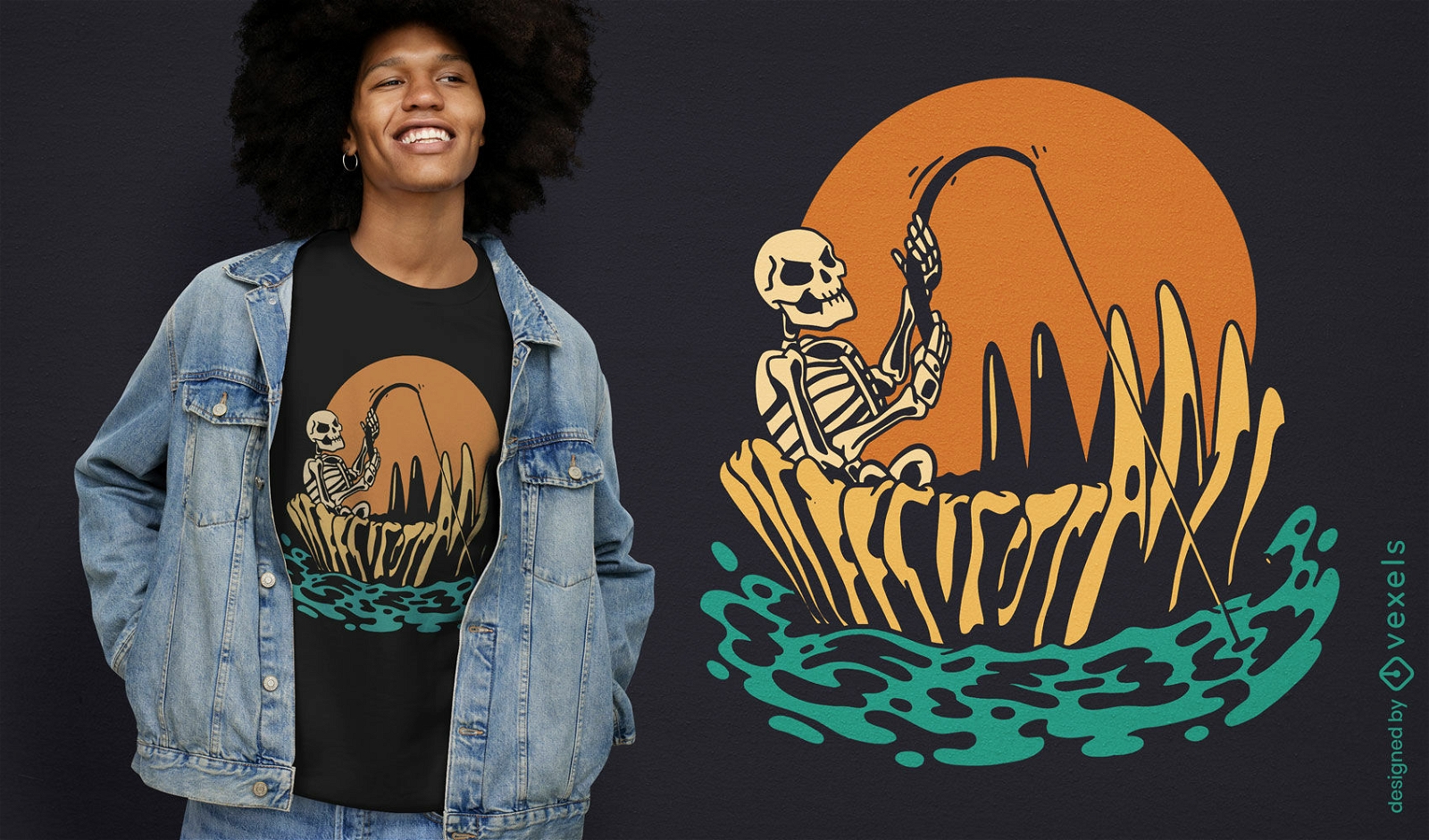Design de camiseta de pesca de esqueleto