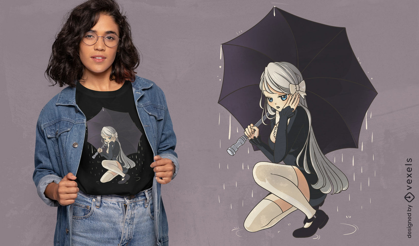 Garota gótica de anime sob o design de camiseta de chuva