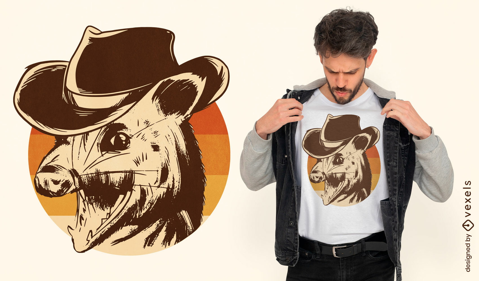 Design de t-shirt retrô do pôr do sol do gambá de cowboy