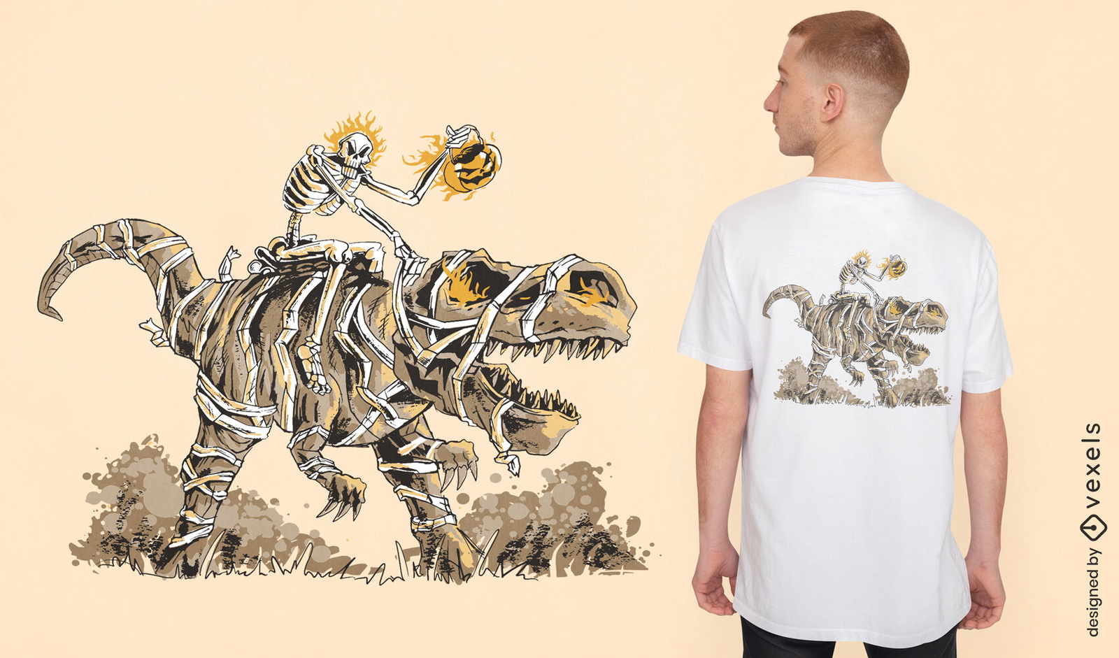 Design de camiseta com dinossauro e múmia montada em esqueleto