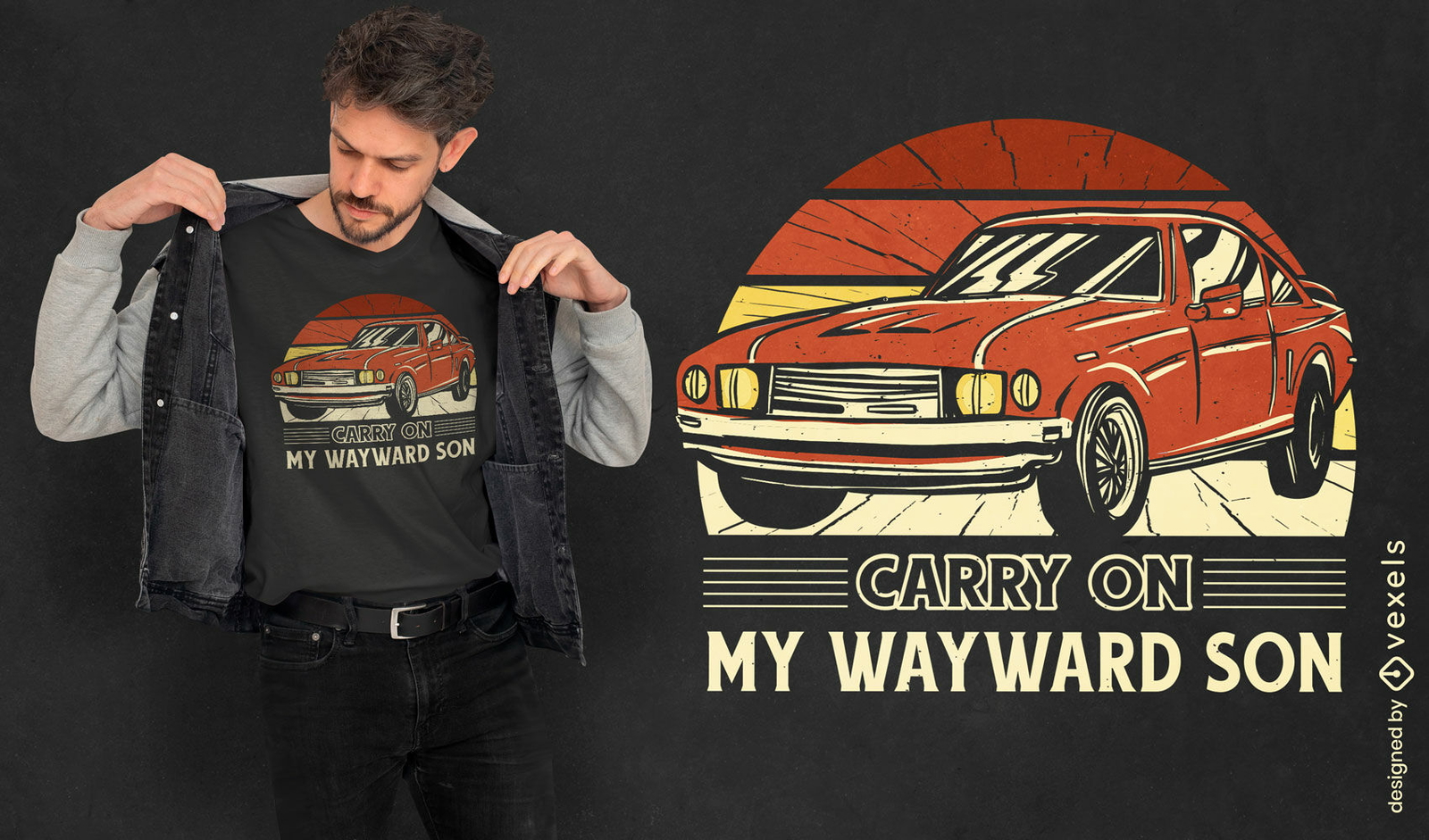 Diseño de camiseta de puesta de sol retro de coche vintage