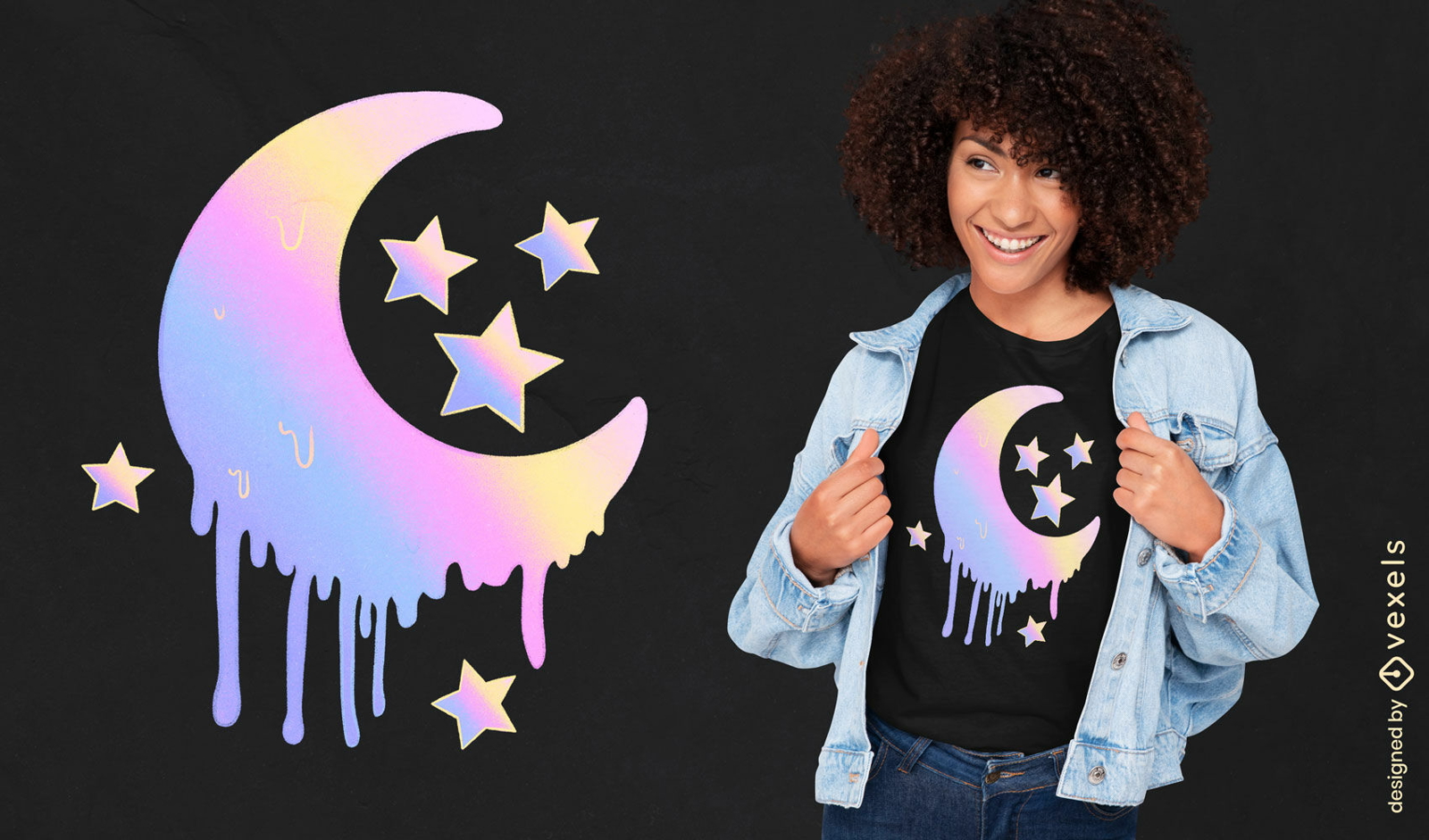 Diseño de camiseta pastel luna y estrellas.