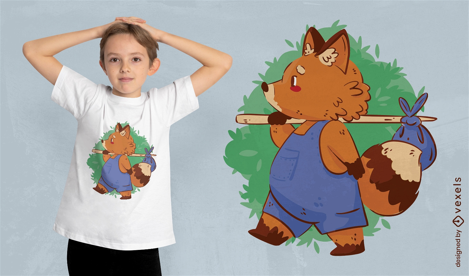 Fox com bolsa em um design de t-shirt de pau