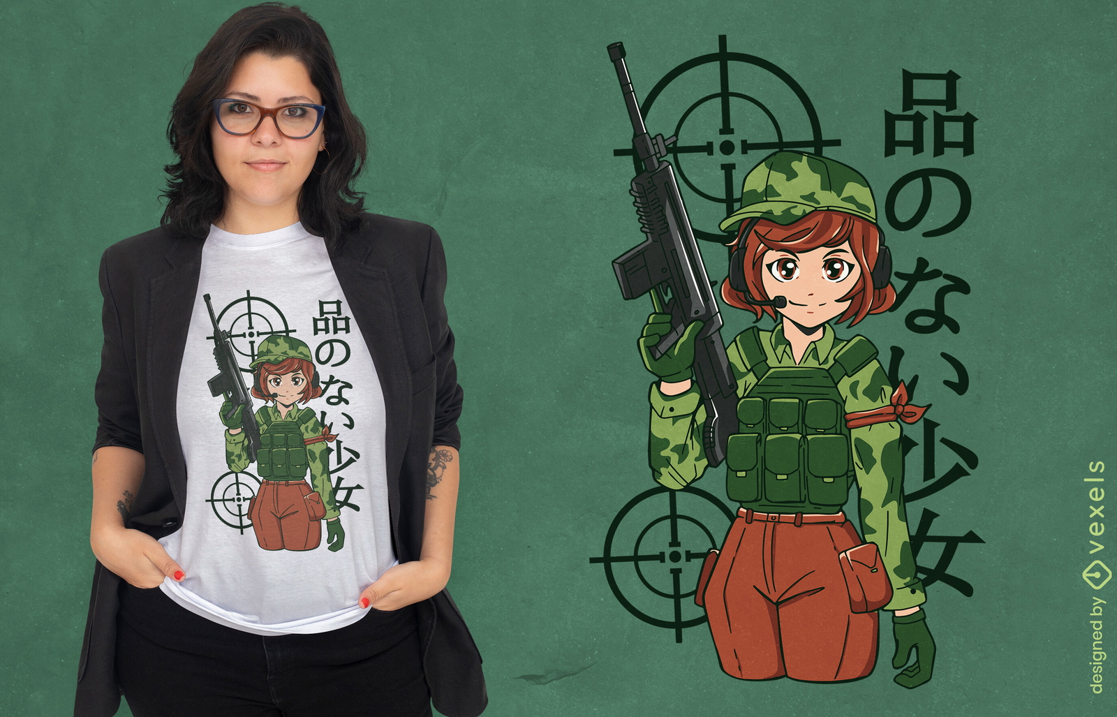 Chica soldado de anime con diseño de camiseta de pistola