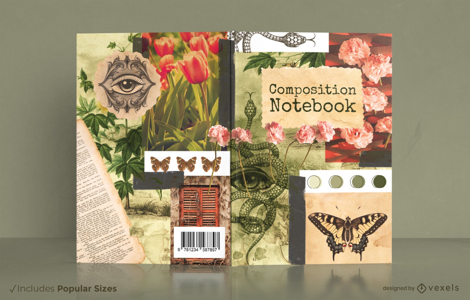 Diseño de portada de libro de collage de mariposas y naturaleza