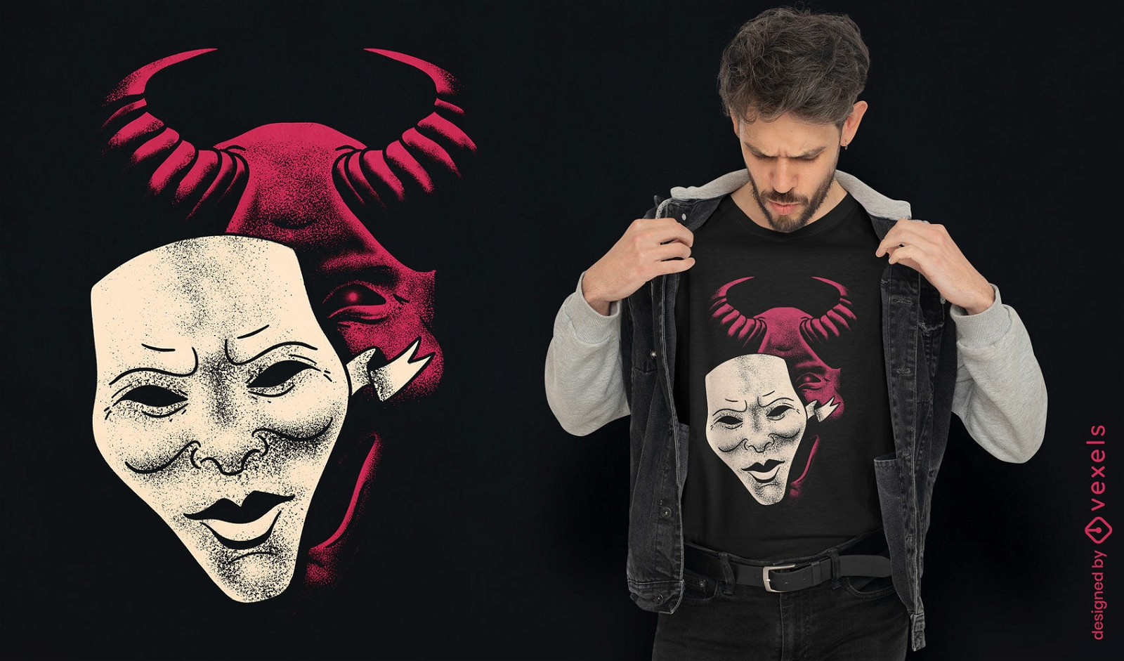 Diseño de camiseta de halloween de demonio y máscara.