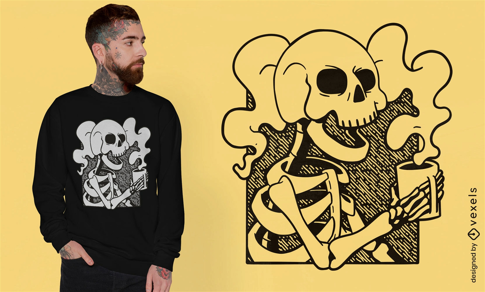 Design de t-shirt de desenho animado de café bebendo esqueleto