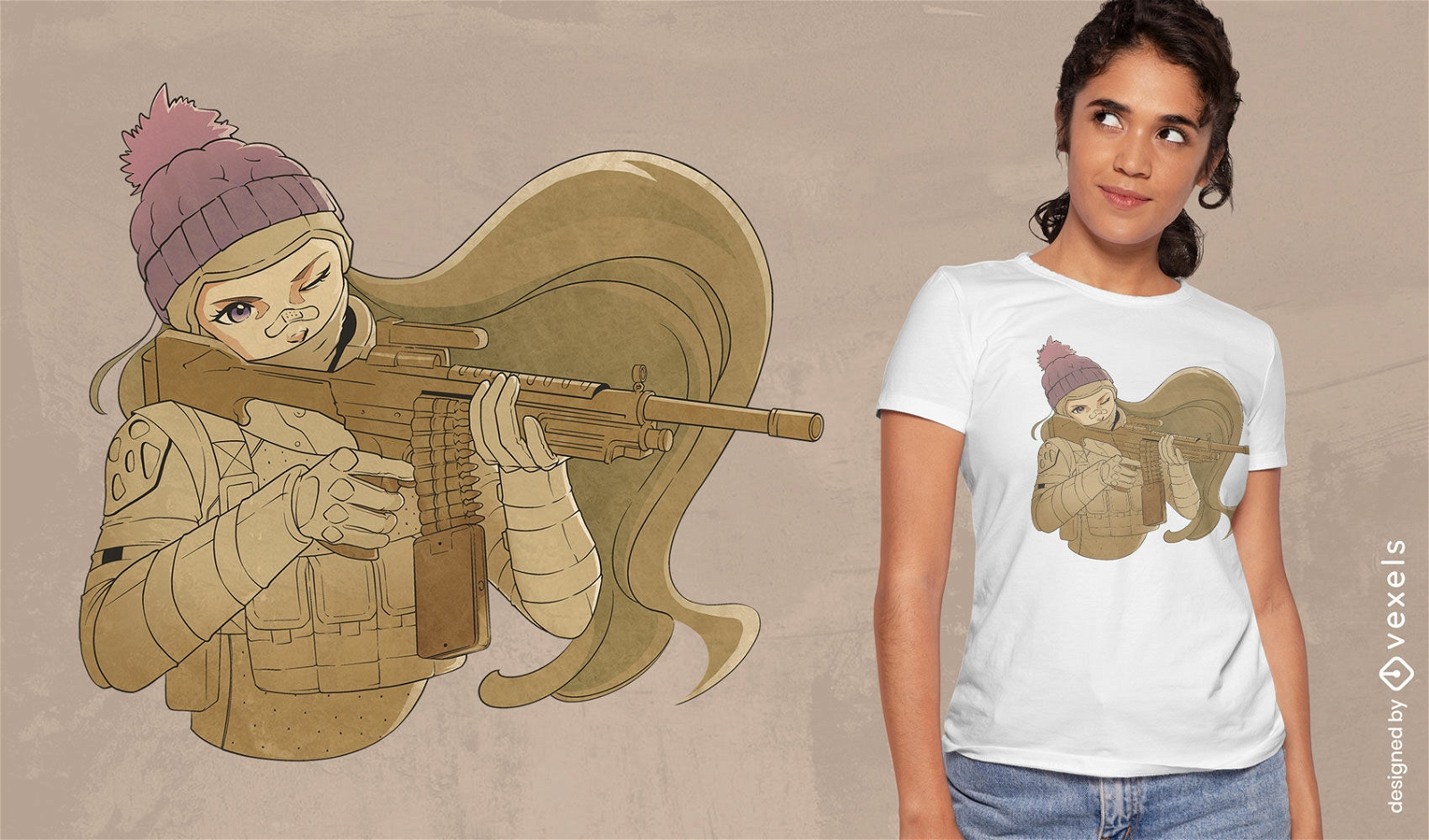 Design de camiseta de menina de soldado militar de anime