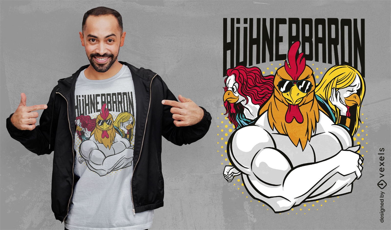 Design de t-shirt de desenho animado de galinhas e galo