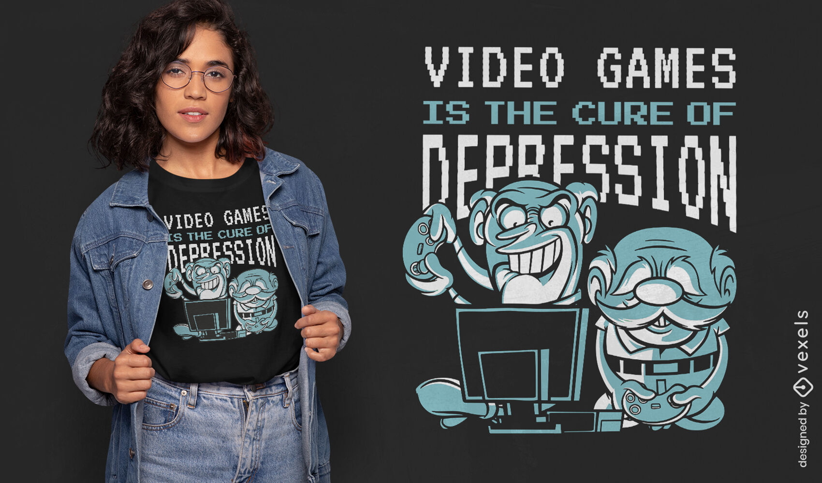 Diseño de camiseta de personas mayores jugando videojuegos.