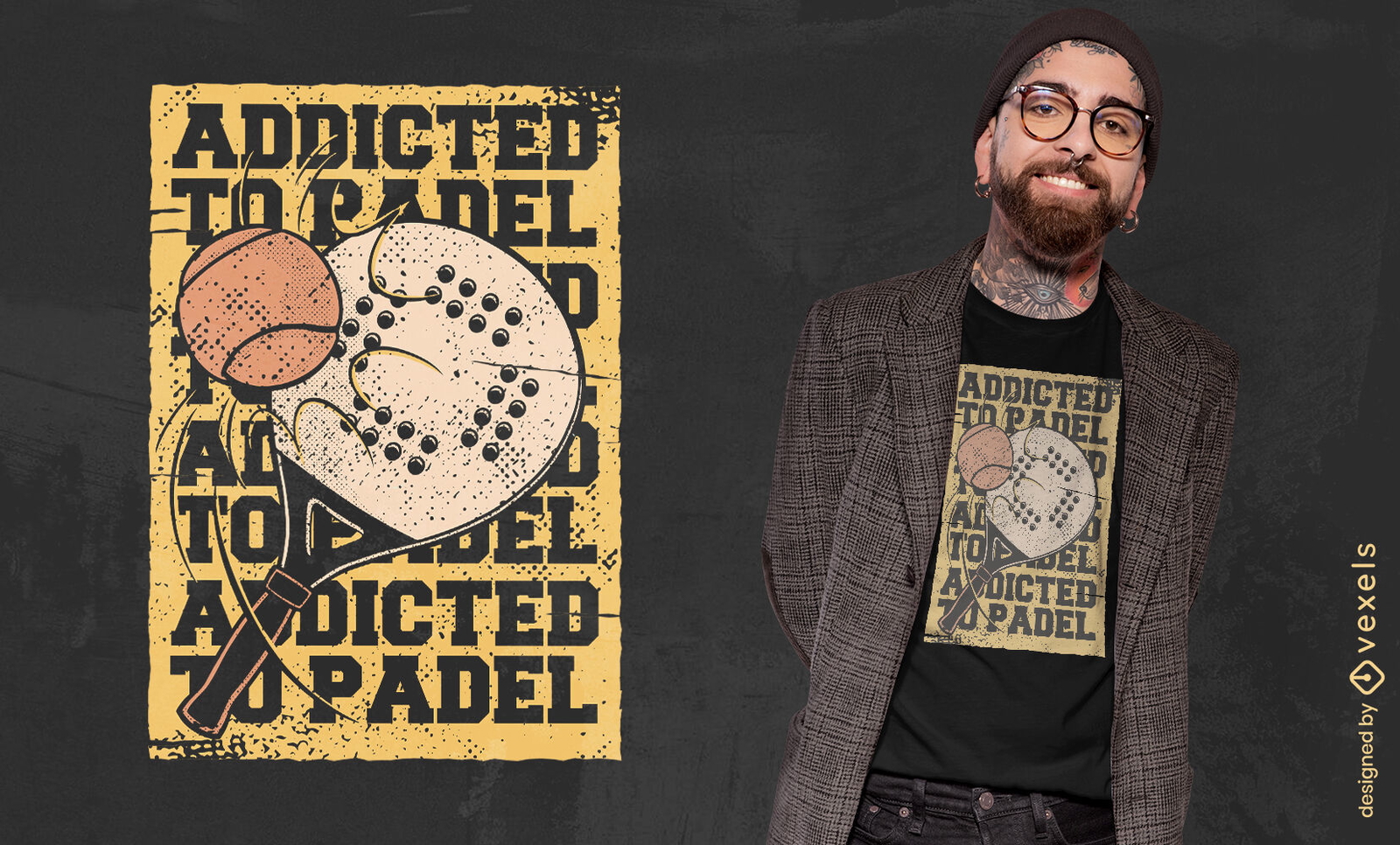 Diseño de camiseta de juego deportivo de pádel y pelota.