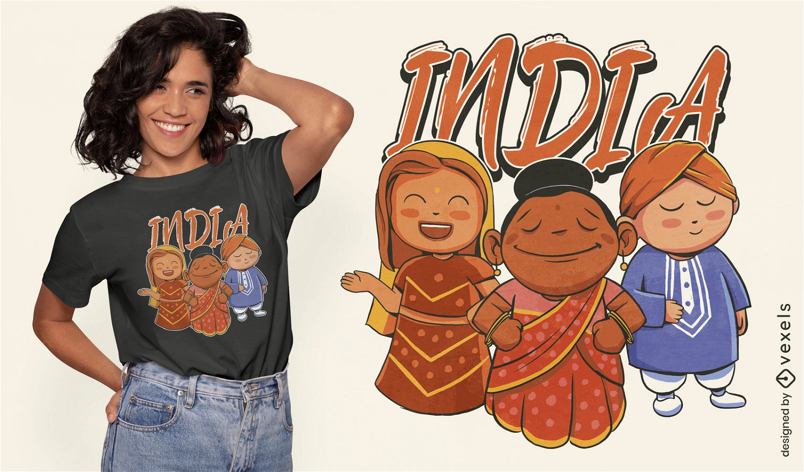 Diseño de camiseta de dibujos animados de personajes indios.