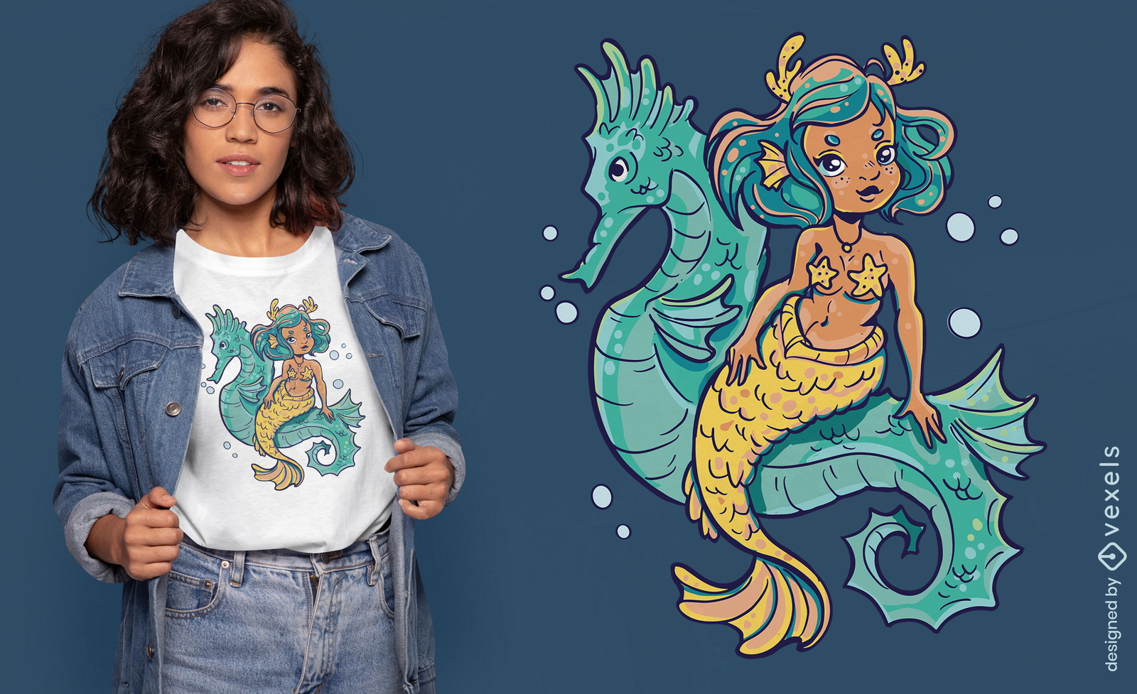 Diseño de camiseta de sirena y caballito de mar.